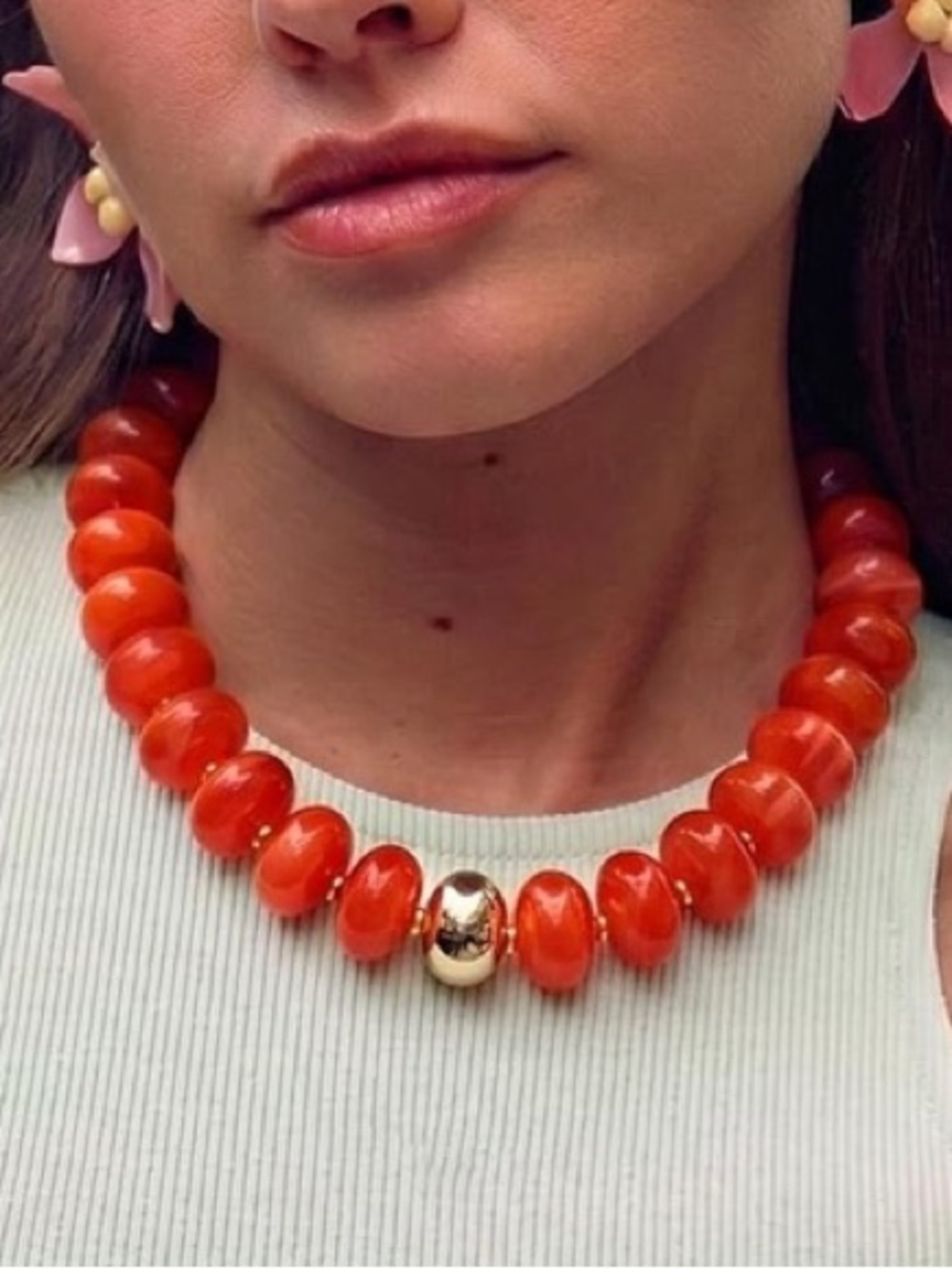 Bold Hot Orange Beaded Necklace with Gold Accent